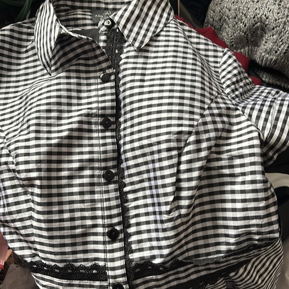 Adrianna Papell | Gingham Tafetta Lace Trim Collared Shirt Midi Dress - Picture 15 of 16